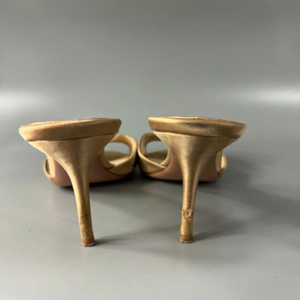 Authentic Prada Gold Silk Evening Mules with Asymmetric Bow, Size 39 1/2 - Picture 6 of 14